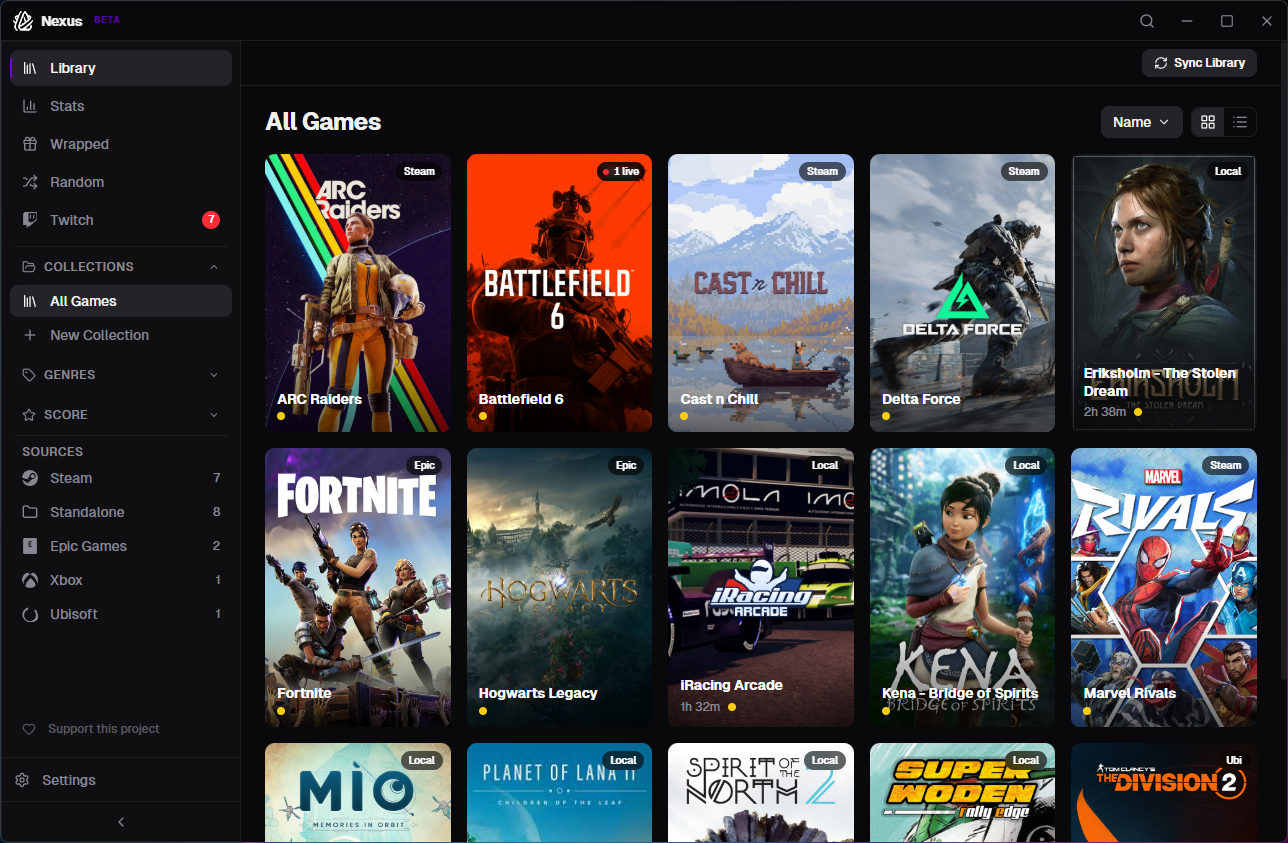 Nexus application — unified game library showing titles from Steam, Epic, and local sources