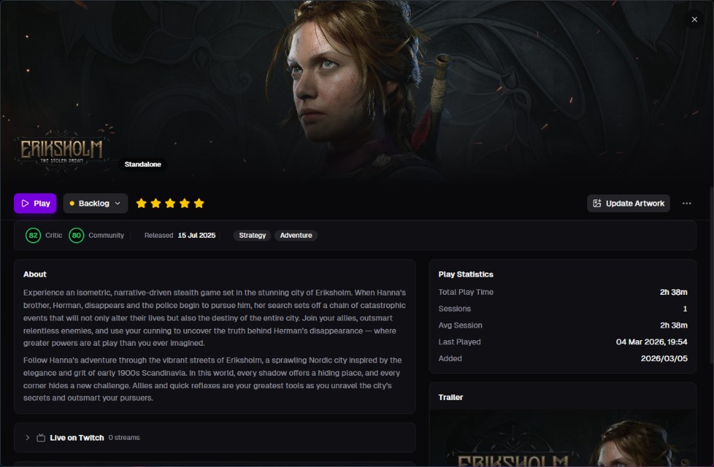 Nexus game detail overlay showing Eriksholm with play stats, description, and trailer
