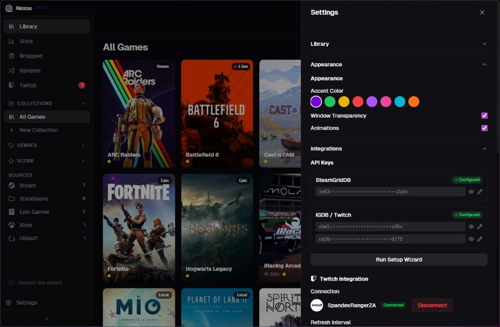 Nexus settings panel showing appearance, accent colors, API keys, and Twitch integration