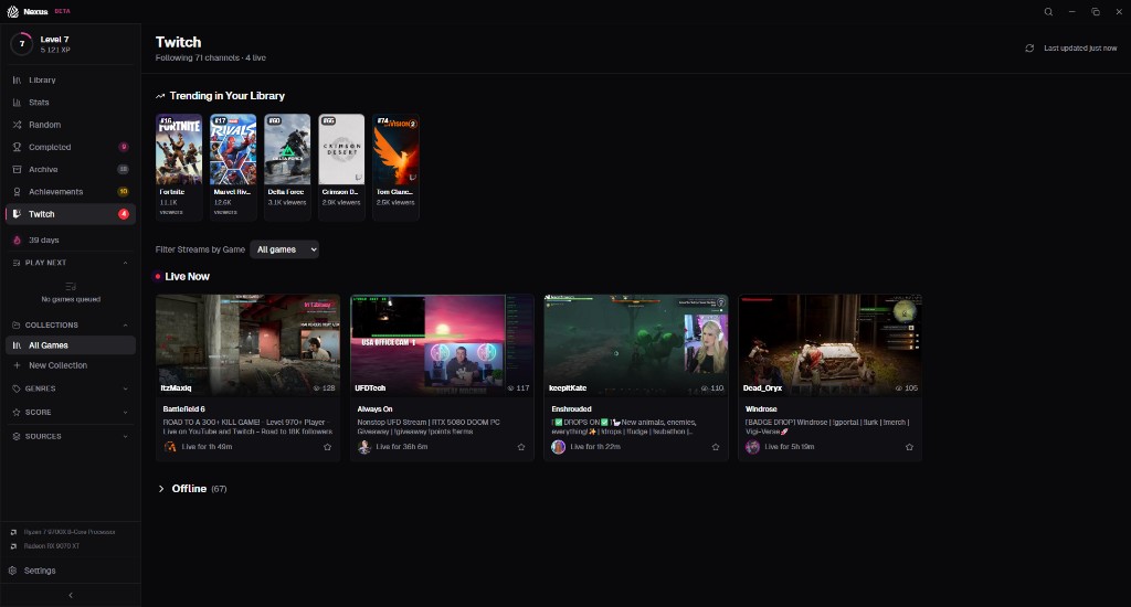 Twitch integration in Nexus — Trending in Your Library row with viewer counts, Live Now grid of streamers, follow status, and 67 offline channels collapsed