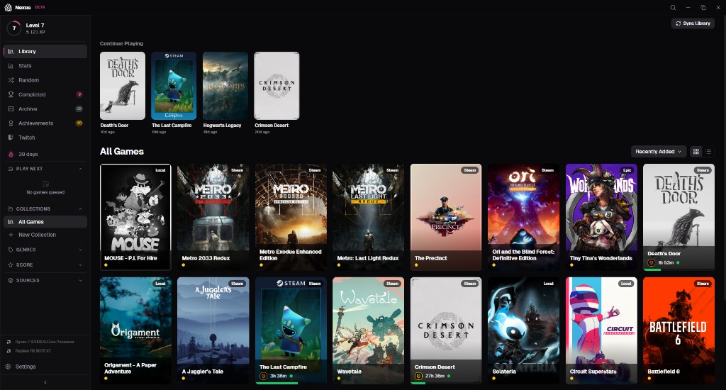 Nexus application — unified game library showing Continue Playing row and All Games grid with covers from Steam, Epic, and local sources