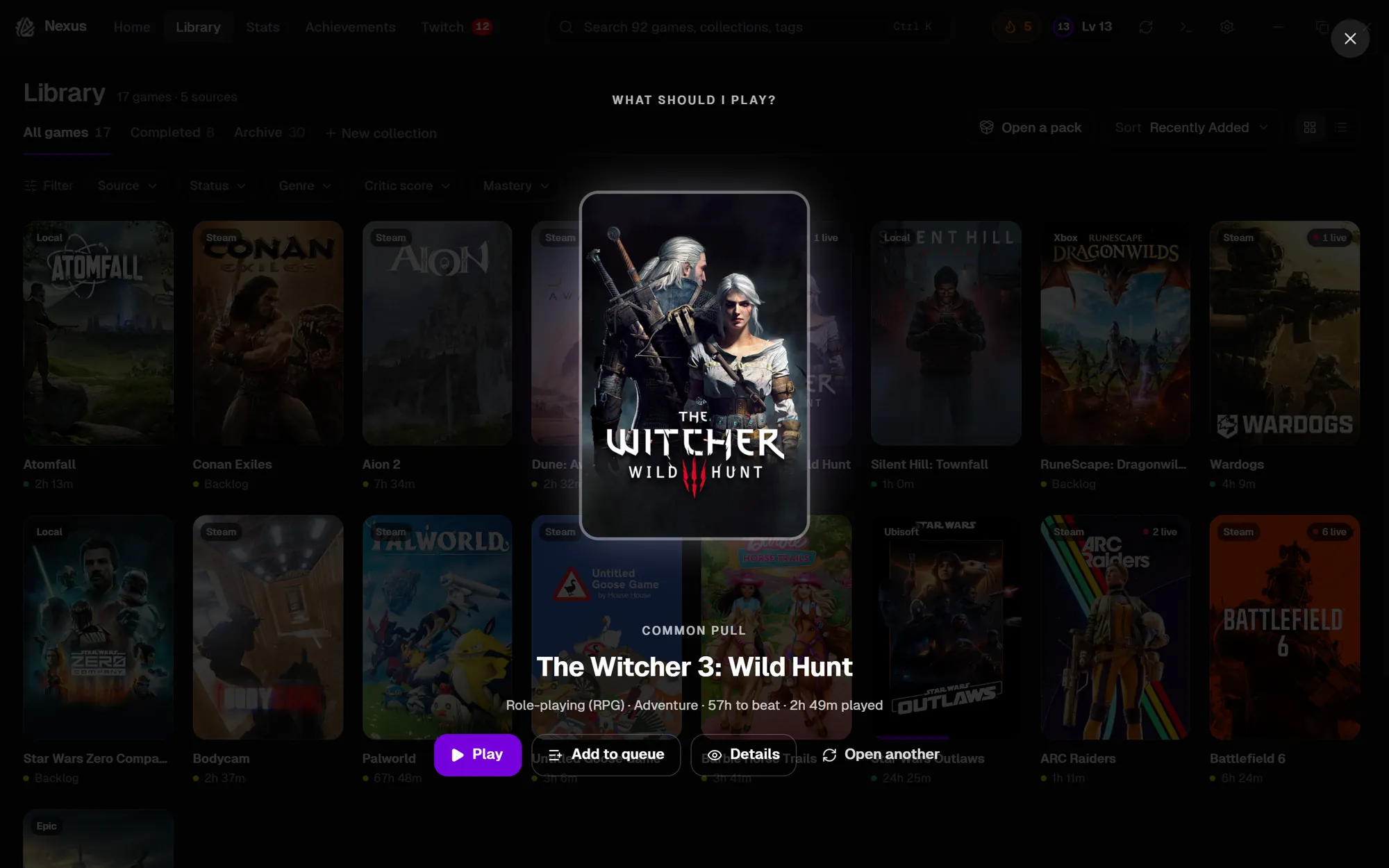 A pack opened to reveal The Witcher 3 as the next game to play
