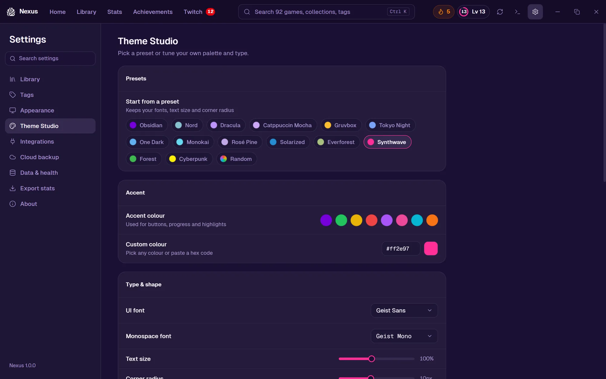 Theme Studio in Settings with the Synthwave preset applied