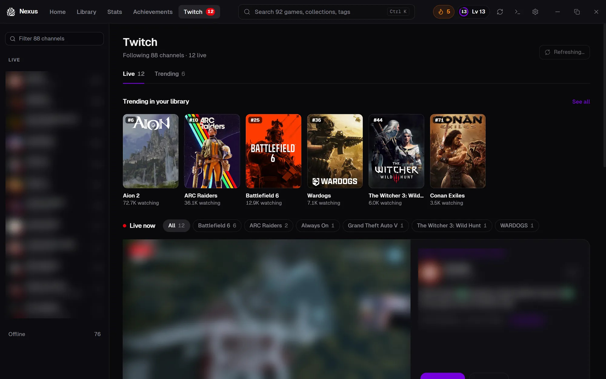 Twitch page showing games trending in your library